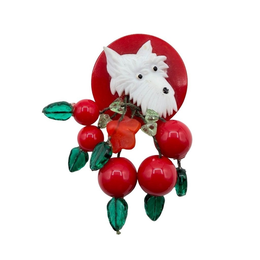 Vintage Bakelite Fizer USA Scottie Dog Brooch Red Cherries Dangle Figural Pin